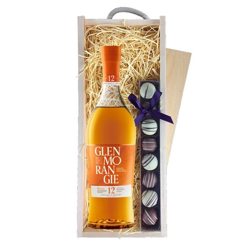 Glenmorangie Original 12 Year Old Whisky 70cl & Heart Truffles, Wooden Box